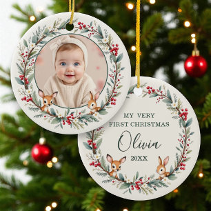 Décoration En Céramique Bébé Woodland First Christmas Photo personnalisée