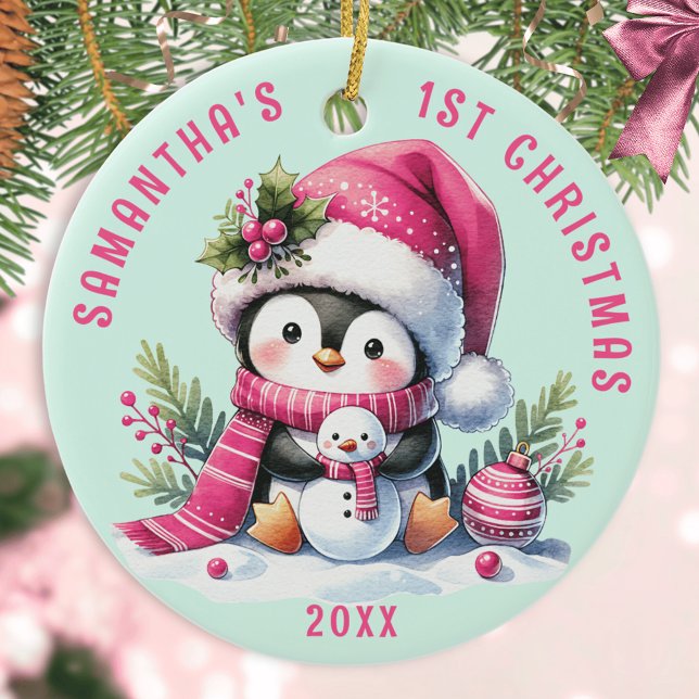 Décoration En Céramique Bébés 1er Noël Personnalisé Pingouin Mint Rose Cut (Créateur téléchargé)