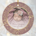 Décoration En Céramique Bébés 1er Noël Photo Dusty Rose Gold Round<br><div class="desc">Célébrez le premier Noël du bébé avec ce magnifique ornement de gardien. Remplacez facilement l'exemple d'image par votre photo préférée et customisez-le avec le nom du bébé en caractères roses poussiéreux et l'année ci-dessous. Un dégradé blanc aide à faire apparaître le texte. La photo est mise en scène par un...</div>