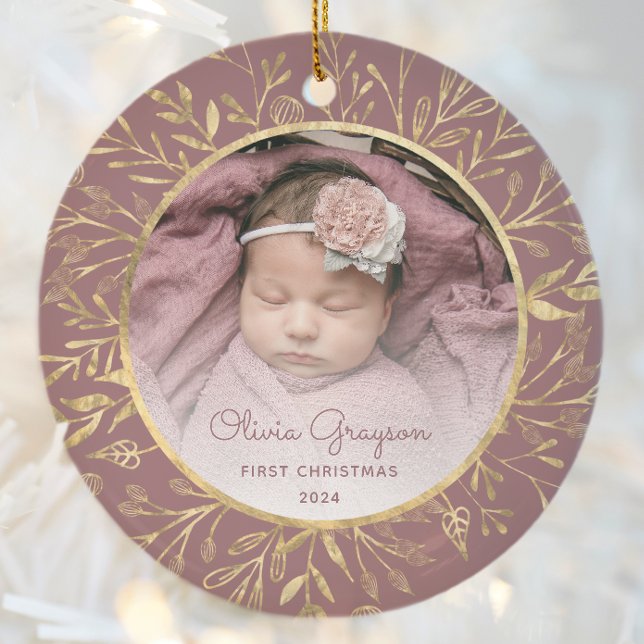 Décoration En Céramique Bébés 1er Noël Photo Dusty Rose Gold Round (Créateur téléchargé)