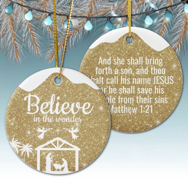 Décoration En Céramique Believe in the wonder Manger Divine Passage ⛪️ 🎄 (Custom Believe in the wonder Religious Holiday Ceramic Ornament with golden sparkle Nativity Scene ✞)
