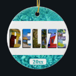 Décoration En Céramique Belize Tropical Beach Blue Ocean Christmas<br><div class="desc">Montrez à tous votre amour pour le pays du Belize avec cet ornement de Noël contenant des photos d'Ambergris Caye,  Caye Caulker,  et des ruines mayas imposées sur un arrière - plan bleu tropical de l'océan. Ajoutez l'année de votre choix.</div>