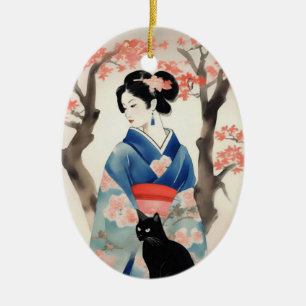 Décoration En Céramique Belle fille japonaise avec un chat noir