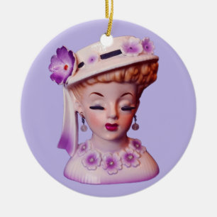 Décoration En Céramique Belle Lady Head Vase Purple Flowers 1960 Poupée