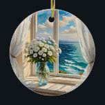 Décoration En Céramique Belle Scène Océanique | Joyeux Noël<br><div class="desc">Un joli vase de fleurs sur une table devant une fenêtre donnant sur l'océan. Des rideaux blancs éclatants dans la brise. L'art Ai.</div>