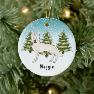 Décoration En Céramique Berger Blanc Suisse Chien GSD Blanc Forêt d'Hiver