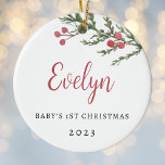 Décoration En Céramique Berry Branch Photo de Noël pour bébé<br><div class="desc">Le premier ornement de Noël conçu sur mesure pour bébé,  avec branche d'aquarelle rouge rustique avec nom,  année et photo personnalisés.</div>