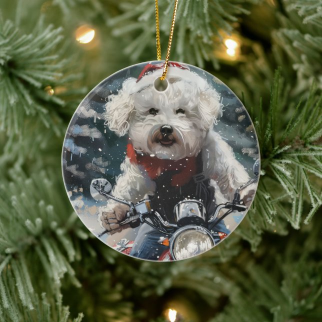 Décoration En Céramique Bichon Frise Chien équitation Moto Noël (Arbre)