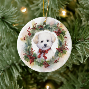 Décoration En Céramique Bichon Frise Wreath Festive Pup