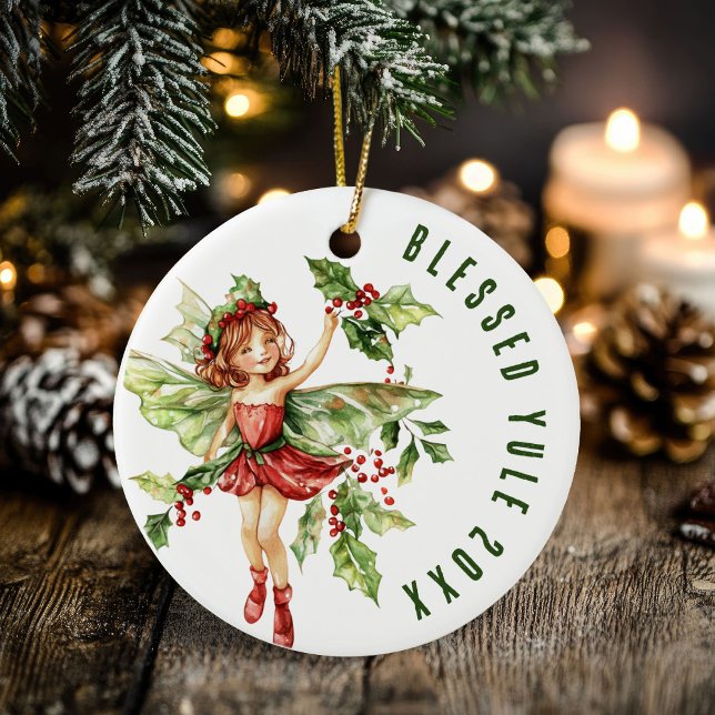 Décoration En Céramique Bienheureux Yule Winter Solstice Holly Fairy Wicca (Blessed Yule Winter Solstice Holly Fairy Wicca Ceramic Ornament)