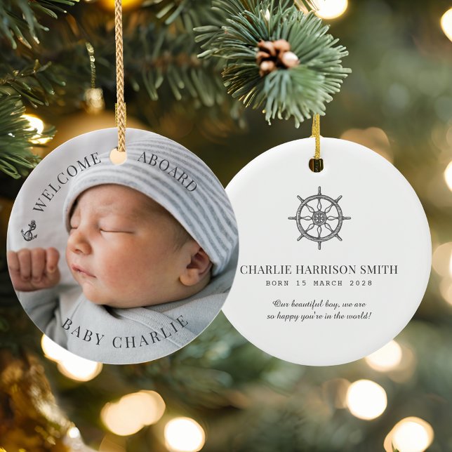 Décoration En Céramique Bienvenue Photo bébé ("Welcome Aboard" personalized baby photo Christmas Ornament )