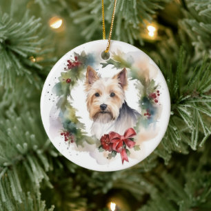 Décoration En Céramique Biewer Terrier Noël Wreath Festive Pup