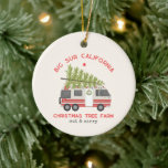 Décoration En Céramique Big Sur Christmas Tree Farm Camping Vintage RV<br><div class="desc">Illustration d'un camping-car rétro décoré de lumières de Noël,  de couronnes et d'arbres de Noël attachés au sommet. Texte dit,  "Big Sur California Christmas tree farm" "couper et transporter"</div>