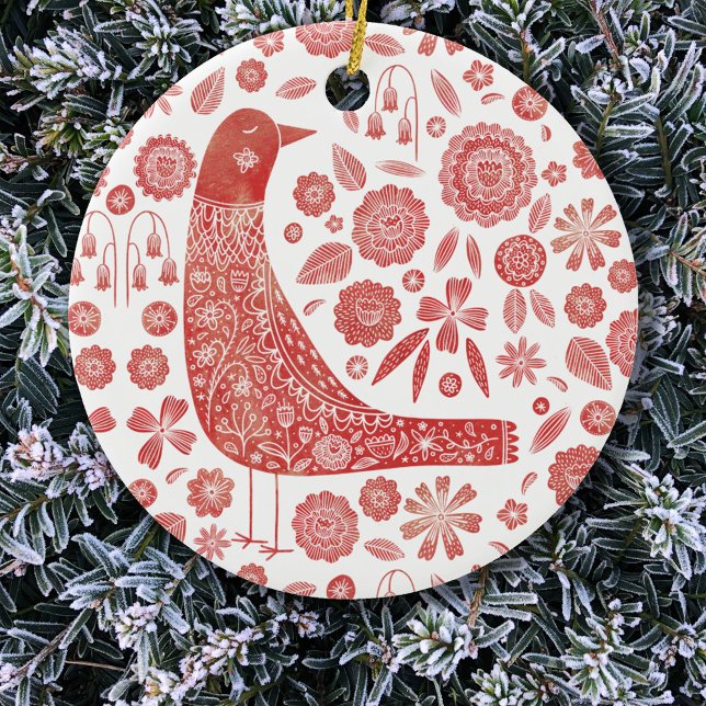 Décoration En Céramique Bird Folk Art (Nordic Scandinavian bird red and white Christmas ornament)