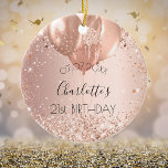 Décoration En Céramique Birthday rose gold blush glitter name balloons<br><div class="desc">An ornament for a girly and glamorous 21st (or any age)  birthday . A rose gold,  pink gradient background with faux rose gold glitter,  sparkles and balloons. Personalize and add a date,  a name and age.</div>