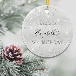 Décoration En Céramique Birthday silver glitter name elegant<br><div class="desc">An ornament for a girly and glamorous 21st (or any age) birthday. A faux silver metallic looking background with faux glitter dust. Personalize and add a date, name and age 21. The name is written with a modern hand lettered style script. Perfect as party decoration, favor, keepsake or as a...</div>