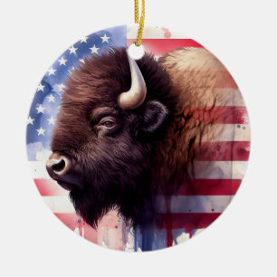 Décoration En Céramique Bison avec drapeau des États-Unis d'Amérique