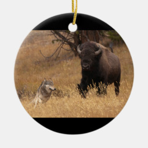 Décoration En Céramique Bison et loup de Taureau