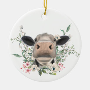 Décoration En Céramique bisou de nez de vache fleurs aquarelle gris animal