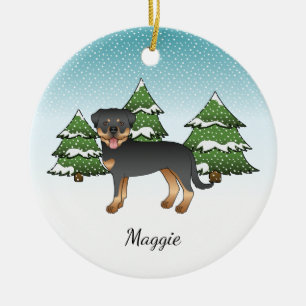 Décoration En Céramique Black And Tan Rottweiler Dog In A Winter Forest
