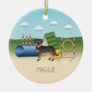 Décoration En Céramique Black And Tan Rottweiler With Agility Equipment
