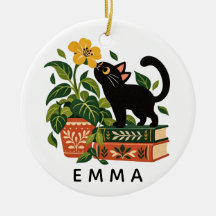 Black Cat Botanical Book Lover Custom Name