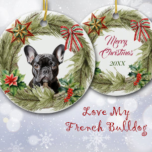 Décoration En Céramique Black French Buldog Star Bow Wreath