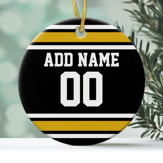 Décoration En Céramique Black Gold Football Jersey Nom personnalisé Numéro (Personalized Christmas Ornament - Football Sorts Jersey Stripes)