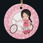 Décoration En Céramique Black Haired Bicycle Girl<br><div class="desc">This design feas cute black haired girl with her pink bicycle. On pink and white cute scallop accent background.</div>