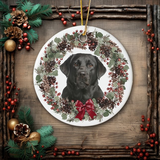 Décoration En Céramique Black Lab Red Bow Pinecone Wreath Personnalisé (Créateur téléchargé)