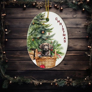 Décoration En Céramique Black Lab Retriever Puppy Wicket Panier Noël