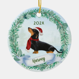 Décoration En Céramique Black & Tan Dachshund Saucisson Chien de Noël Wrea