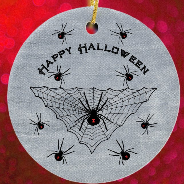 Décoration En Céramique Black Widow Spiders Red Marks in Web White (Black widow spiders red marks in black triangular web on rustic white Halloween ceramic ornament.)