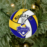 Décoration En Céramique Bleu, Blanc et Jaune Sport Logo Volleyball<br><div class="desc">Volleyball Sport Joueur ornement de Noël prêt pour vous à personnaliser. Faites un merveilleux cadeau personnalisé pour votre joueur de volley, entraîneur, ventilateur, etc... 📌 Pour déplacer un groupe de texte simultanément. Étape 1 - cliquez sur le premier mot que vous voulez modifier en maintenant le bouton "MAJ" sur votre...</div>