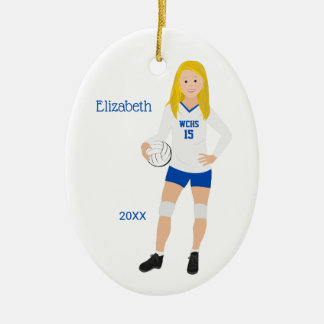 Décoration En Céramique Bleu de fille de volleyball et blanc blonds