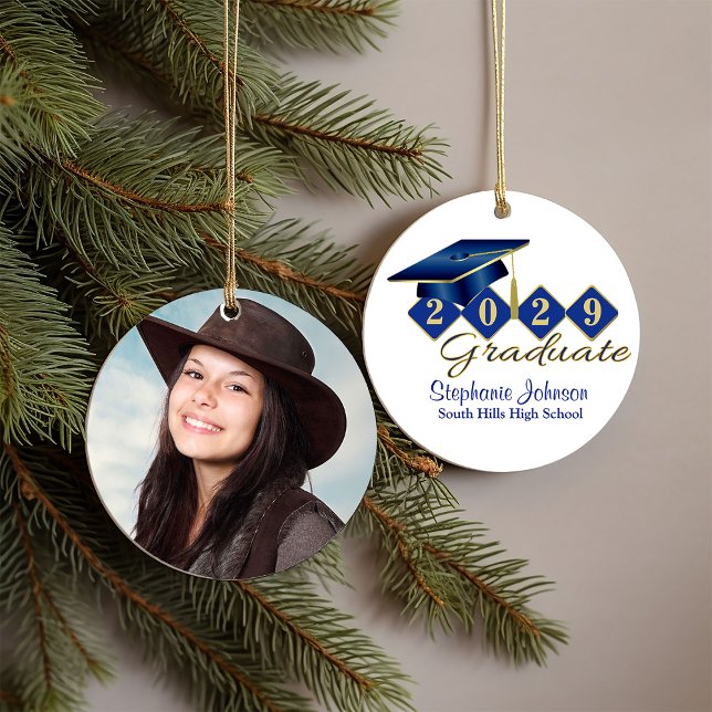 Décoration En Céramique Bleu et Gold Classic 20XX Photo (Graduation Blue and Gold Classic 20XX Photo Ceramic Ornament)