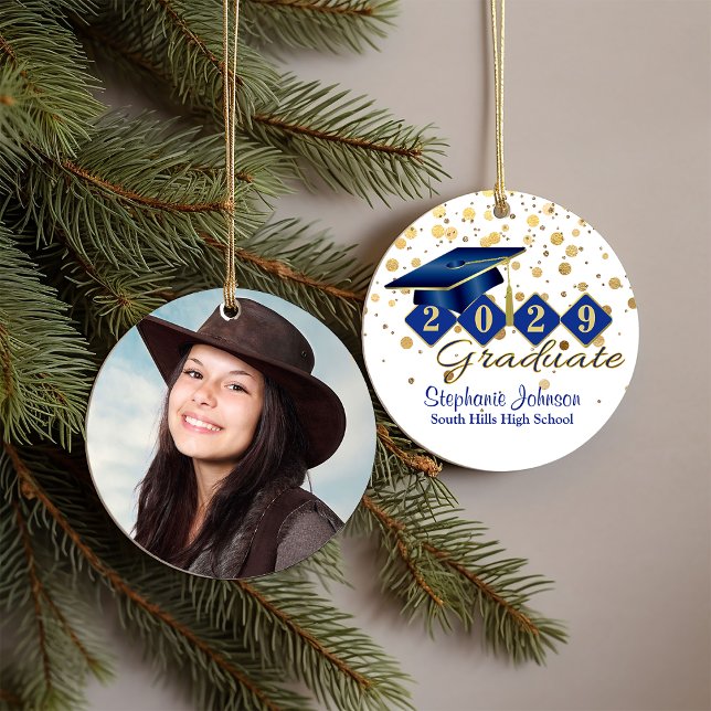 Décoration En Céramique Bleu et or 20xx photo (Graduation Blue and Gold Photo Ceramic Ornament)