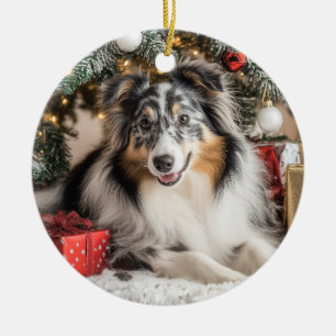 Décoration En Céramique Bleu Merle Sheltie Noël