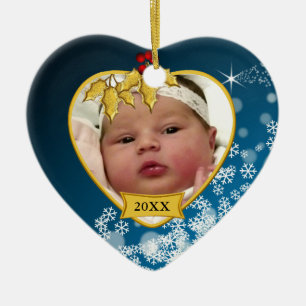 Décoration En Céramique Bleu neigeux et doré 1ère photo de Noël du bébé