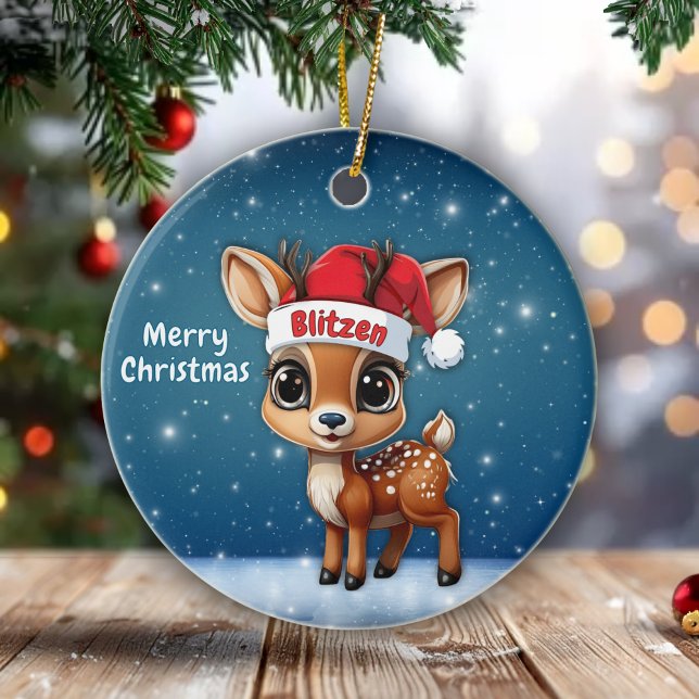 Décoration En Céramique Blitzen Cute animal reindeer character, deer 🦌 🎄 (Personalizable Cute animal reindeer character, baby deer with antlers round ceramic ornament 🦌🎄)