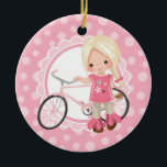 Décoration En Céramique Blonde Bicycle Girl<br><div class="desc">This desobjets a cute blonde girl with her pink bicycle. On pink and white cute scallop accent background.</div>