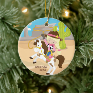 Décoration En Céramique Blonde Cowgirl Horseback Girl Ornament de Noël
