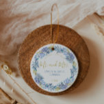 Décoration En Céramique Blue and Gold Wreath Christmas Ceramic Ornament<br><div class="desc">Elegant blue and gold watercolor floral wreath design to celebrate the first Christmas as newlyweds.</div>