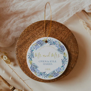 Décoration En Céramique Blue and Gold Wreath Christmas Ceramic Ornament