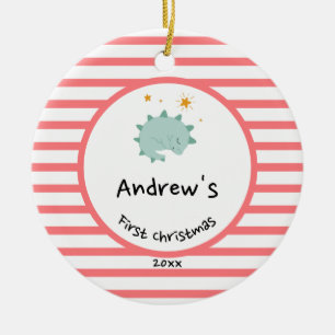 Décoration En Céramique Blue Baby Dino   Premier Noël Rouge Stripe Chic