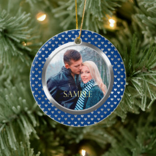 Décoration En Céramique Blue First Christmas Coeurs d'argent