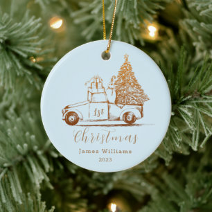 Décoration En Céramique Blue Gold Elegant Photo Baby's First Christmas