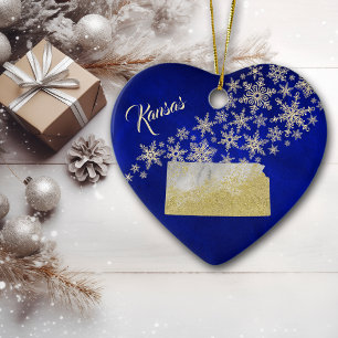 Décoration En Céramique Blue Gold Snowflake Kansas Heart