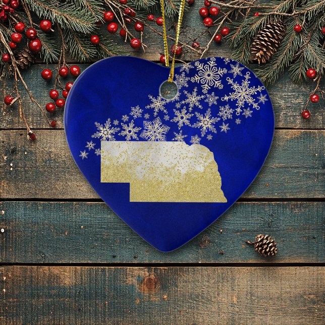 Décoration En Céramique Blue Gold Snowflake Nebraska Heart (Créateur téléchargé)