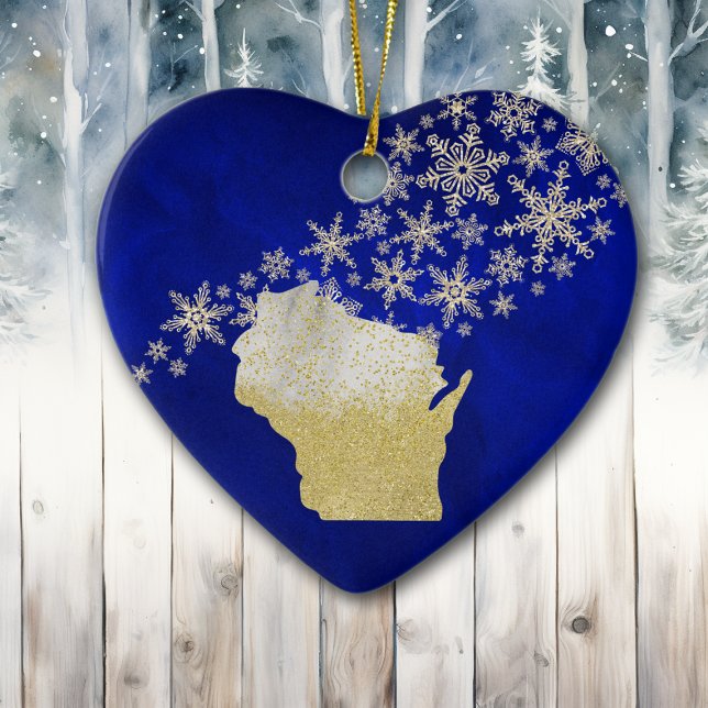 Décoration En Céramique Blue Gold Snowflake Wisconsin Heart (Créateur téléchargé)